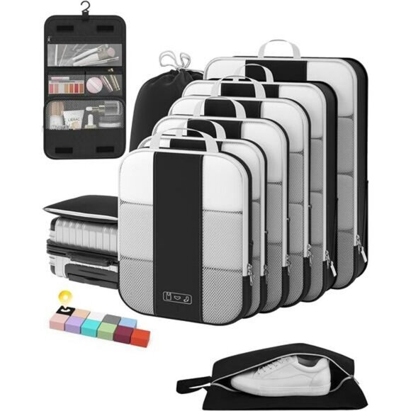 Compression Packing Cubes Set Luggage Organizer Bags Travel Essentials Black - Picture 1 of 8